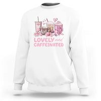White crewneck sweatshirt with pink coffee and hearts graphic on chest