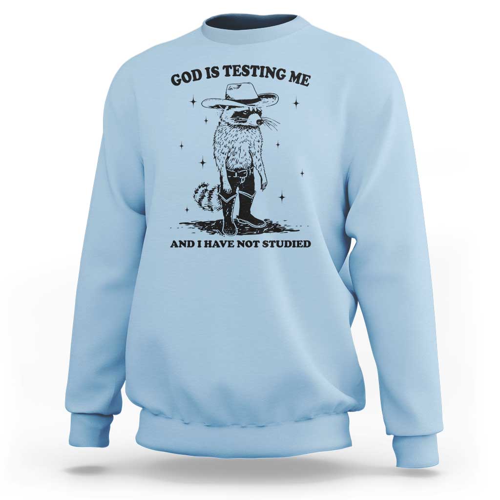 Light blue sweatshirt with cowboy raccoon graphic and "God is testing me" text