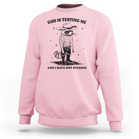 Light pink sweatshirt with cowboy raccoon graphic and "God is testing me" text