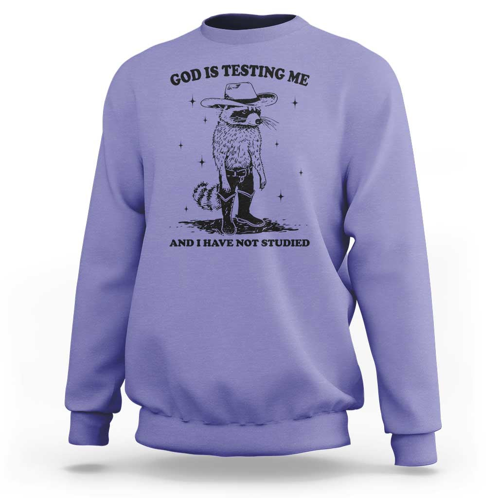 Purple sweatshirt with cowboy raccoon graphic and "God is testing me" text