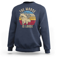 Navy sweatshirt with 'The Moose Is Loose' moose graphic on front.