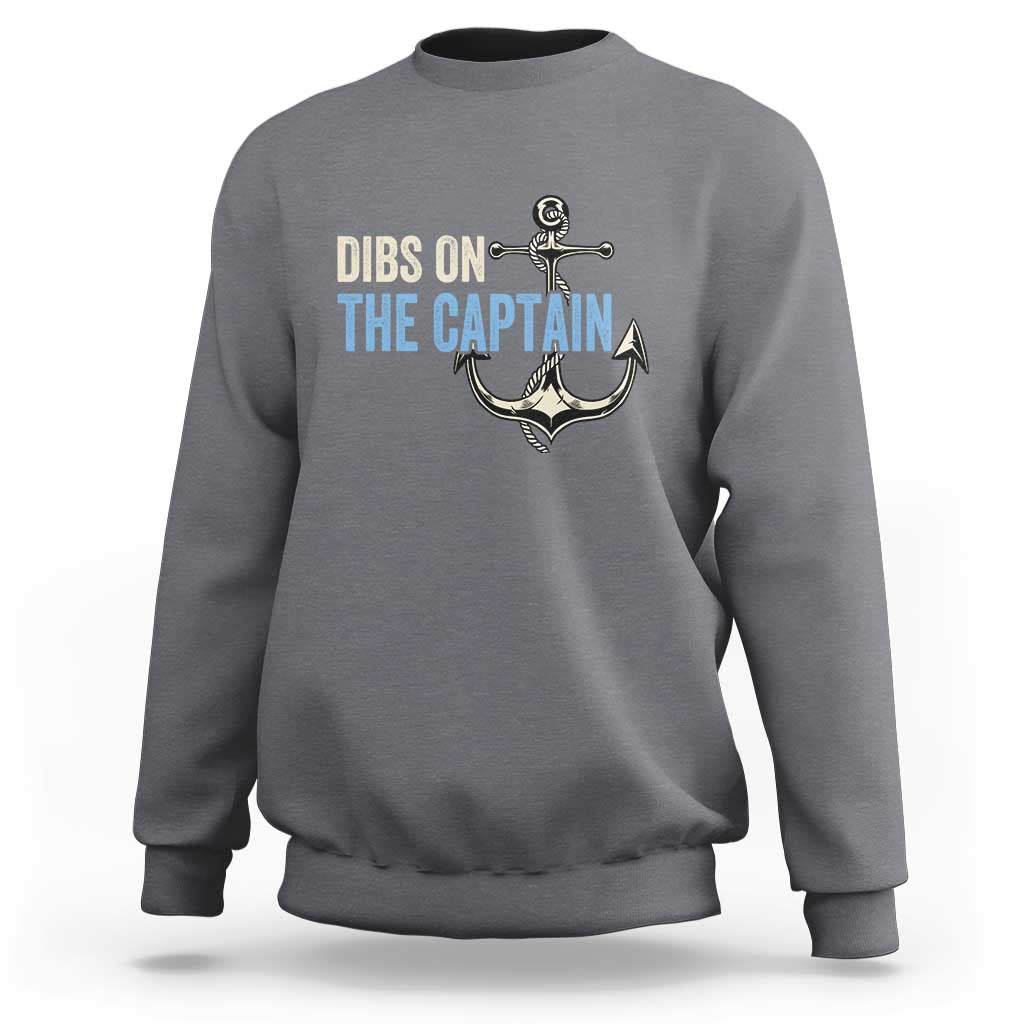 Dark heather gray crewneck sweatshirt with “Dibs On The Captain” text and anchor graphic