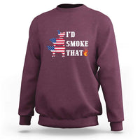 Maroon pullover sweatshirt with “I’d Smoke That” text graphic and American flag fire icon