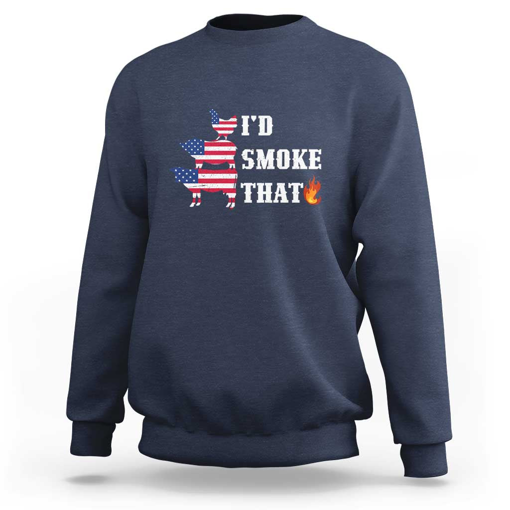 Navy pullover sweatshirt featuring “I’d Smoke That” graphic with American flag motif