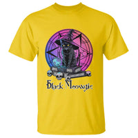 Yellow T-shirt with black cat witch graphic, pentagram ring and skulls