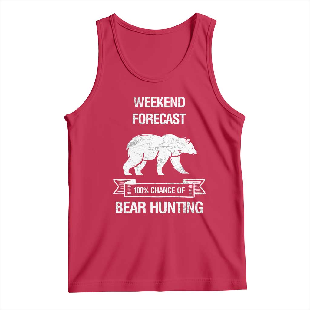 Red sleeveless tank top with 'Weekend Forecast' bear hunting graphic and 100% chance text