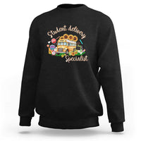 Black crewneck sweatshirt with student delivery specialist graphic print