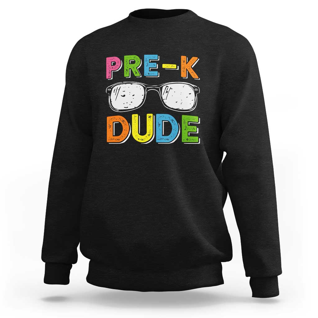 Kids black sweatshirt with “Pre-K Dude” glasses graphic on front