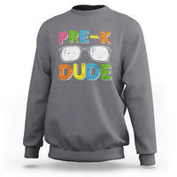 Kids dark heather gray sweatshirt with “Pre-K Dude” glasses graphic on front