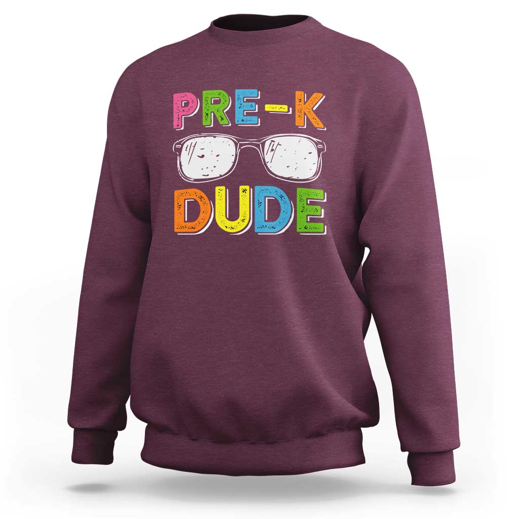 Kids maroon sweatshirt with “Pre-K Dude” glasses graphic on front