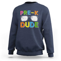 Kids navy sweatshirt with “Pre-K Dude” glasses graphic on front