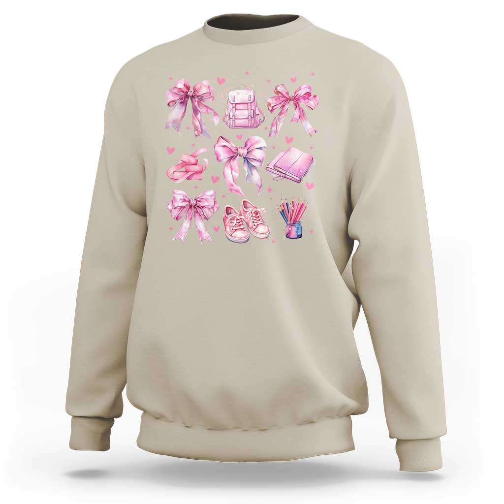 Sand school sweatshirt with pink bow-heart backpack and cute bows graphic