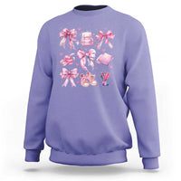 Violet school sweatshirt with pink bow-heart backpack and stationery bows graphic