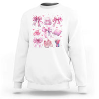 White school sweatshirt with pink bow-heart backpack graphic