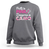 Dark heather gray crewneck sweatshirt with pink camo hunting graphic on front