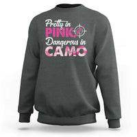 Charcoal gray crewneck sweatshirt with pink camo hunting graphic on front