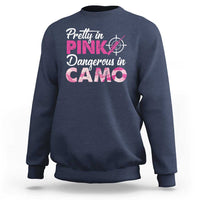 Navy crewneck sweatshirt with pink camo hunting graphic on front