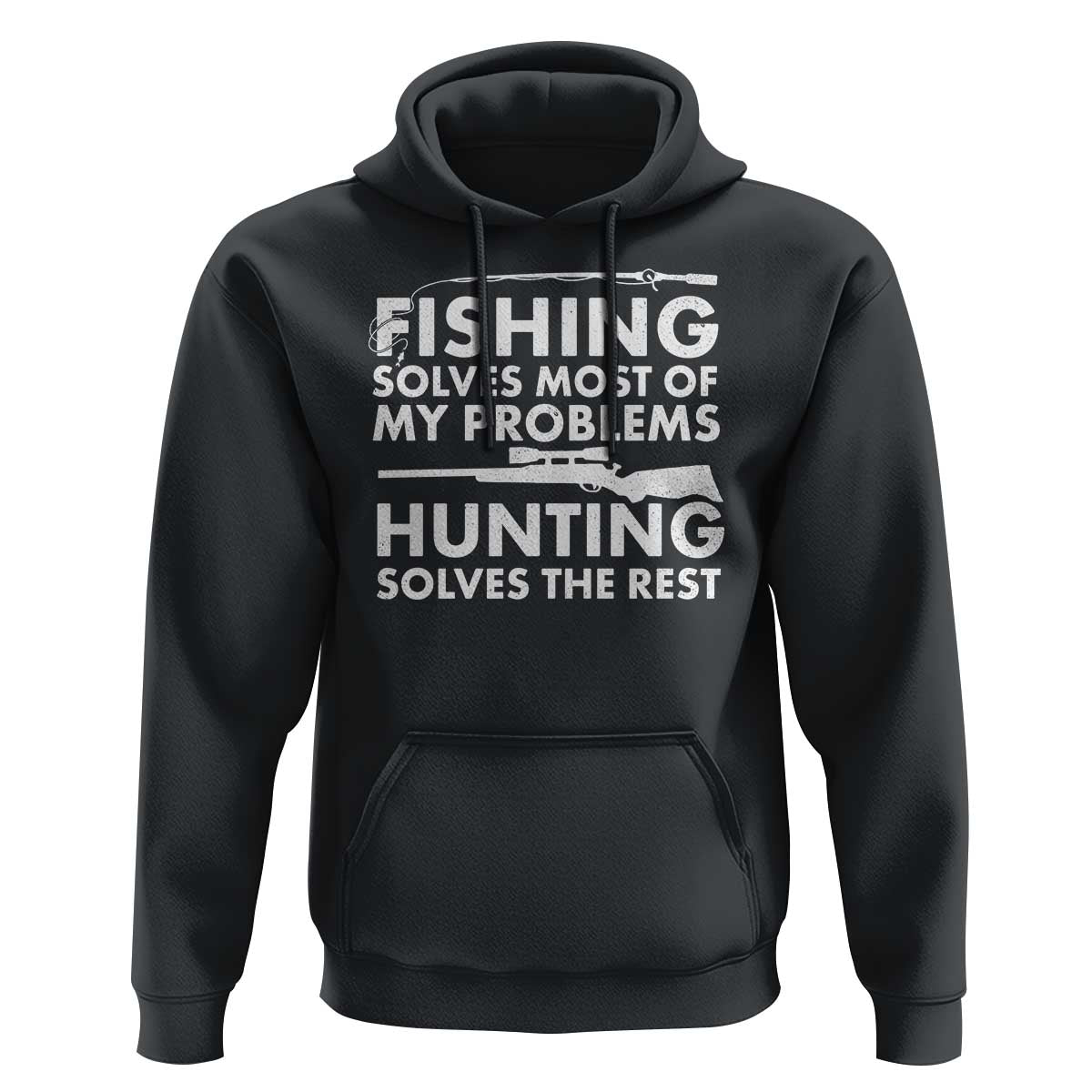 Black hunting and fishing graphic hoodie with front pocket and drawstring hood