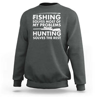 Dark heather gray crewneck sweatshirt with white "FISHING" and "HUNTING" quote graphic