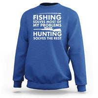Royal blue crewneck sweatshirt with white "FISHING" and "HUNTING" quote graphic