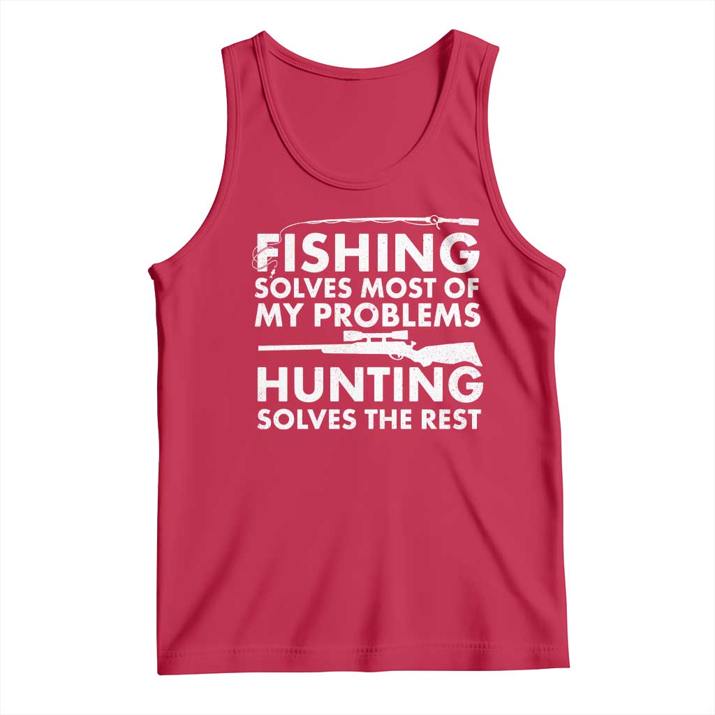 Red sleeveless tank top with white “FISHING” and “HUNTING” slogan graphic