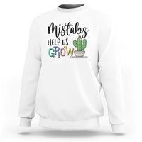 White crewneck sweatshirt with front 'Help Us Grow' cactus graphic.