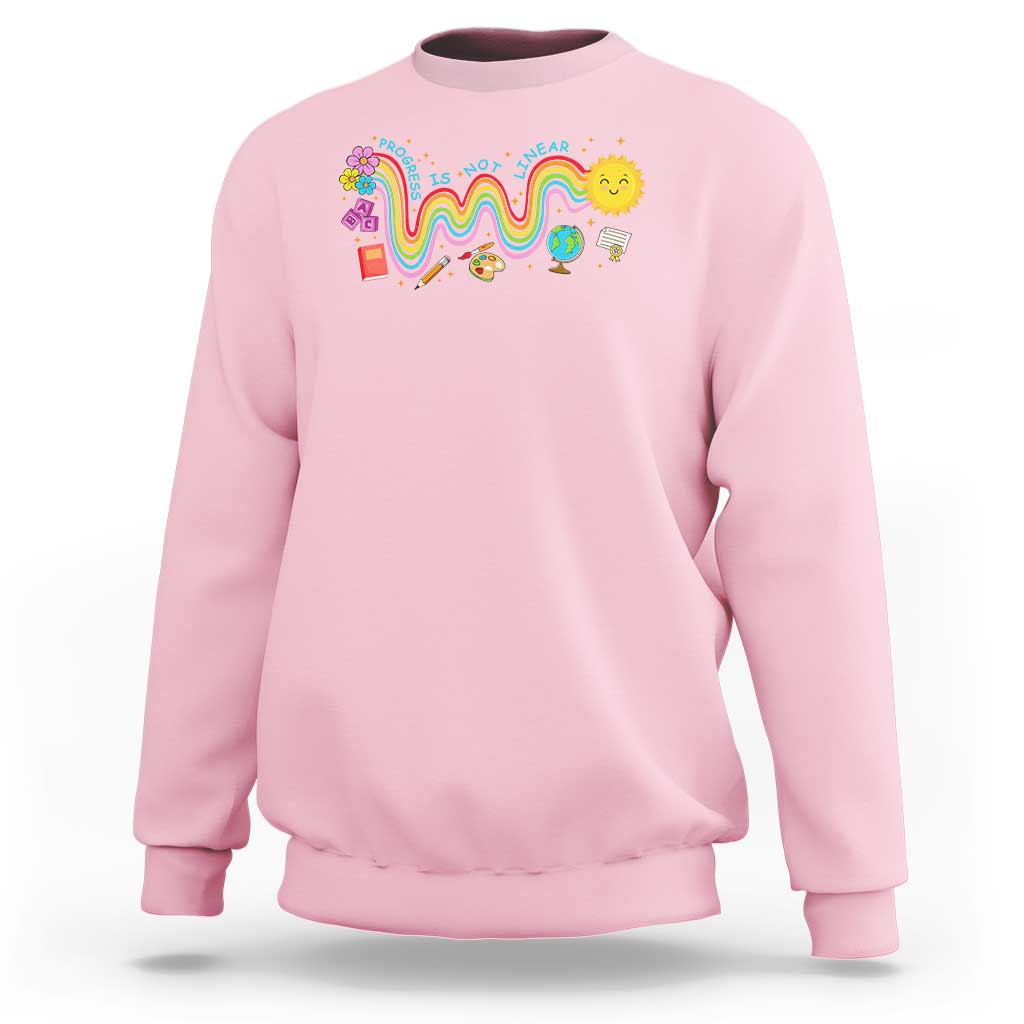 Light pink sweatshirt with front rainbow wavy graphic and flower chick design