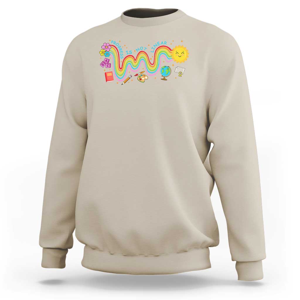 Beige sweatshirt with front rainbow wavy graphic and flower chick design