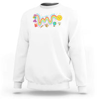 White sweatshirt with front rainbow wavy graphic and flower chick design