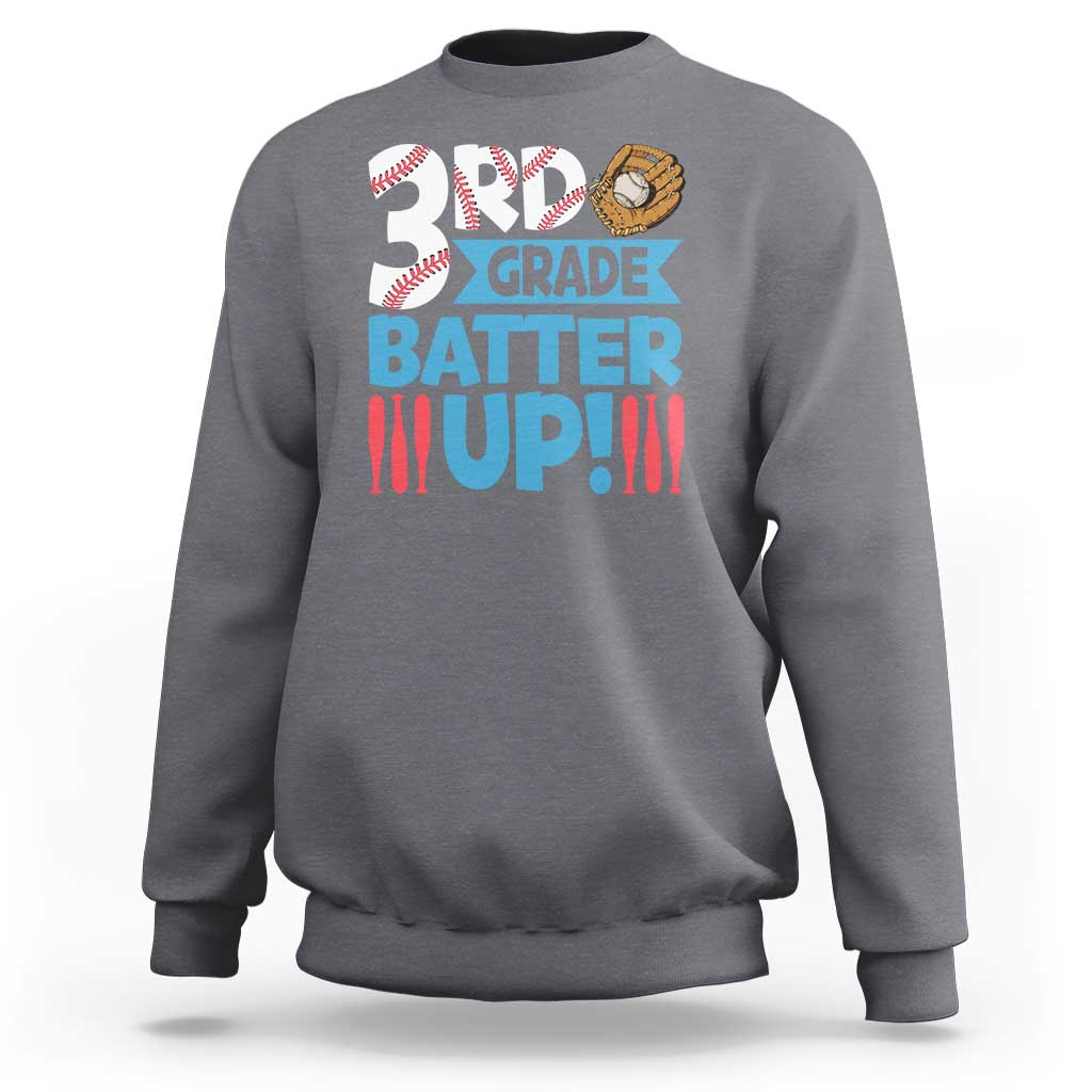 Charcoal gray baseball sweatshirt with 3rd grade batter up graphic, crew neck and long sleeves