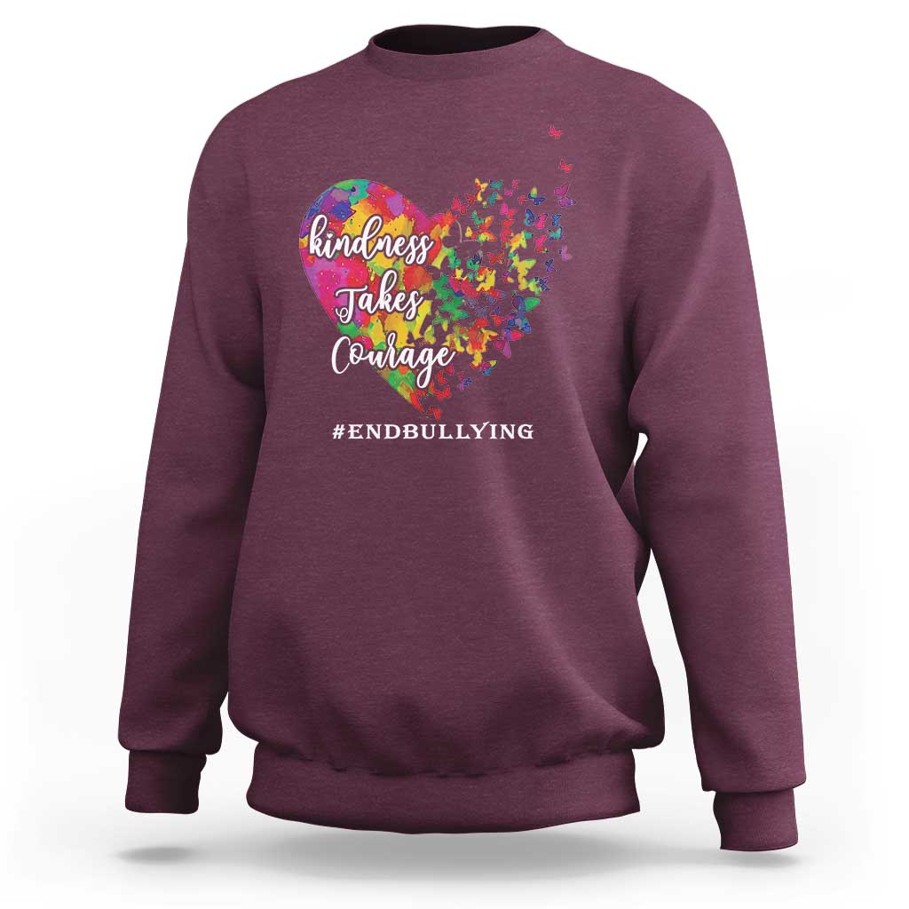 Maroon crewneck sweatshirt with heart-butterfly graphic and #END BULLYING message