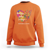 Orange crewneck sweatshirt with heart-butterfly graphic and #END BULLYING message