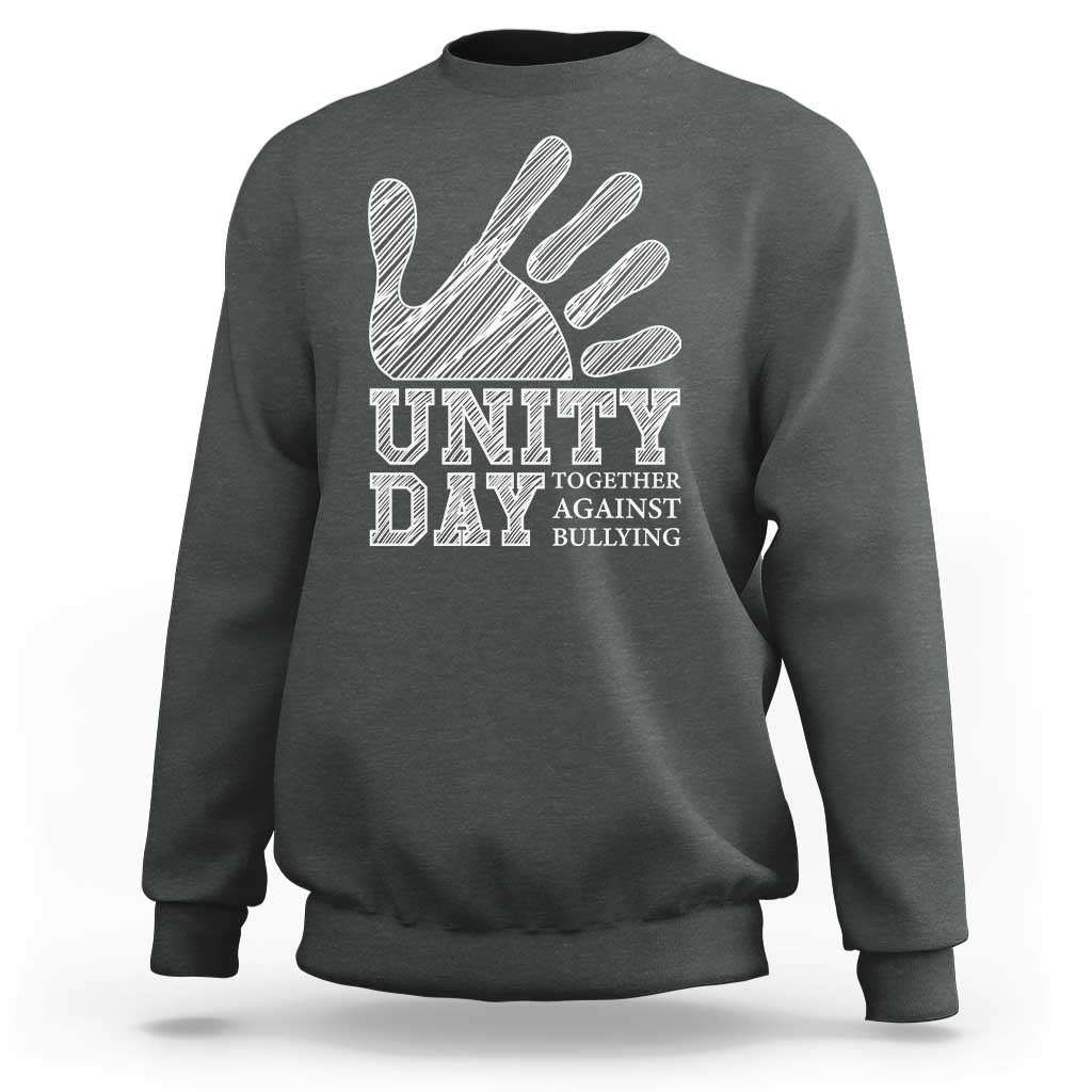 Dark heather Unity Day anti-bullying sweatshirt, back view with hand and slogan graphic