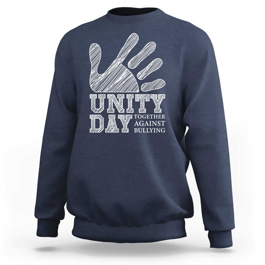 Navy Unity Day anti-bullying sweatshirt, back view with hand and slogan graphic