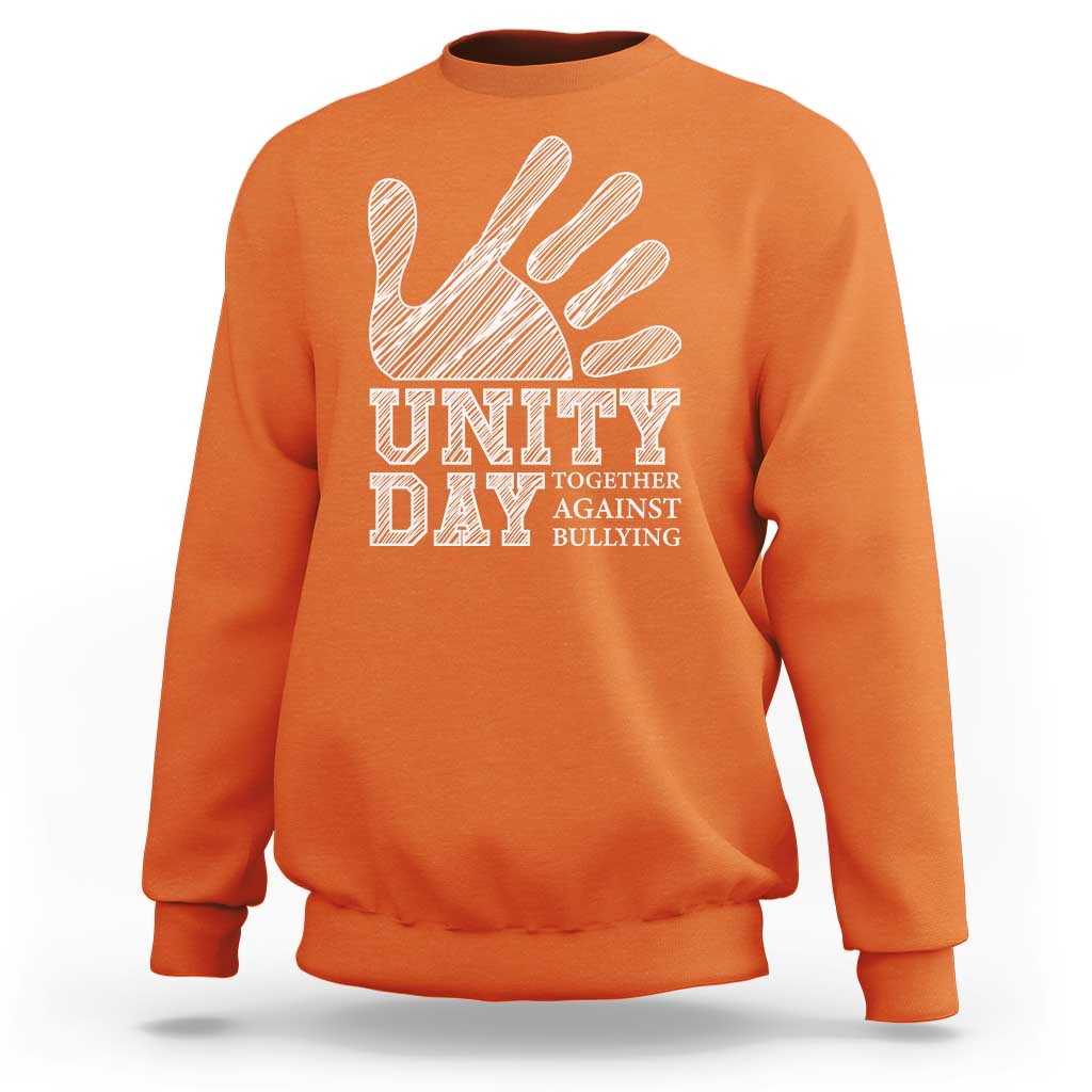 Orange Unity Day anti-bullying sweatshirt, front view with hand and slogan graphic