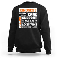Black anti-bullying sweatshirt with Kindness Respect Support text graphic on back