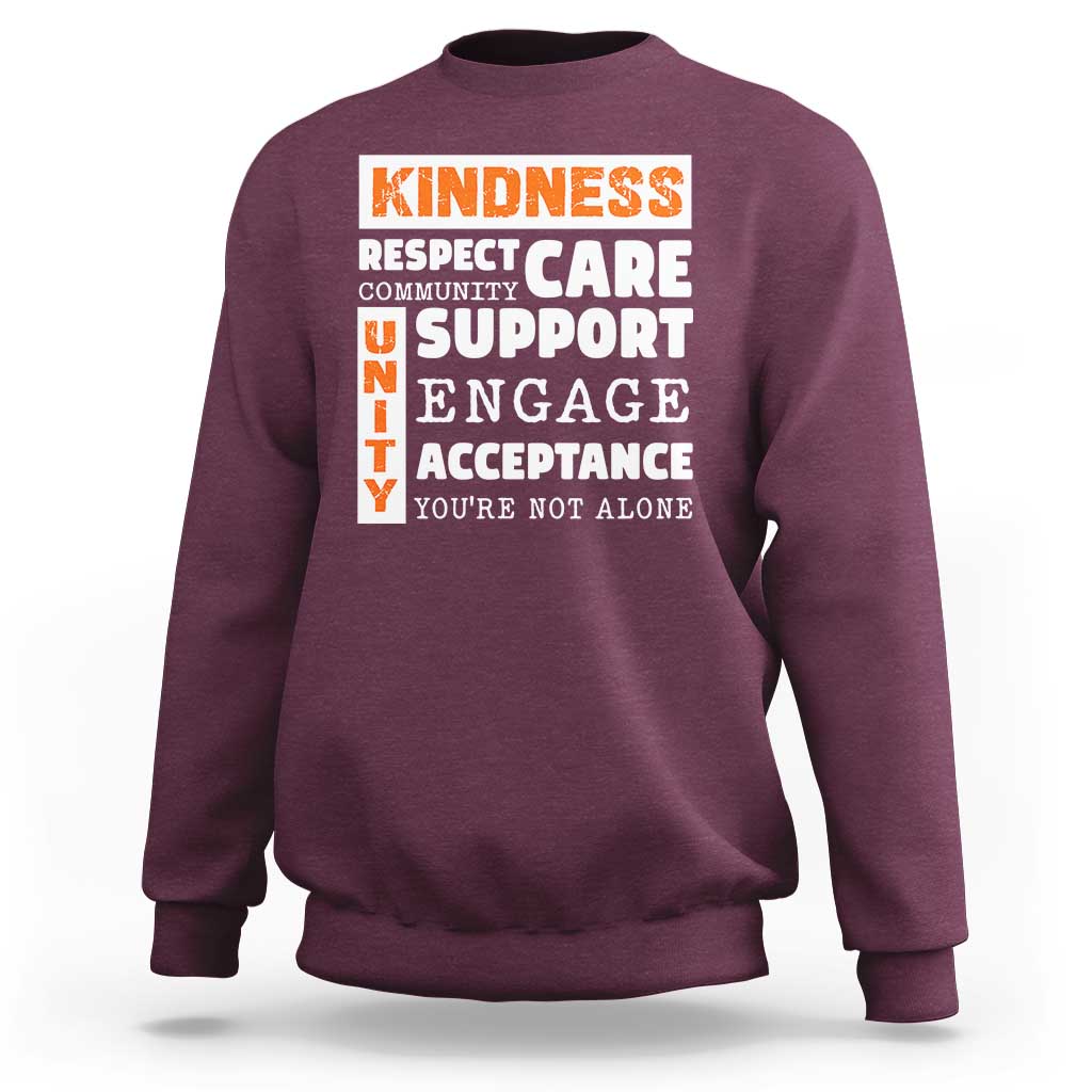 Maroon anti-bullying sweatshirt with Kindness Respect Support text graphic on back