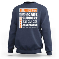 Navy anti-bullying sweatshirt with Kindness Respect Support text graphic on back