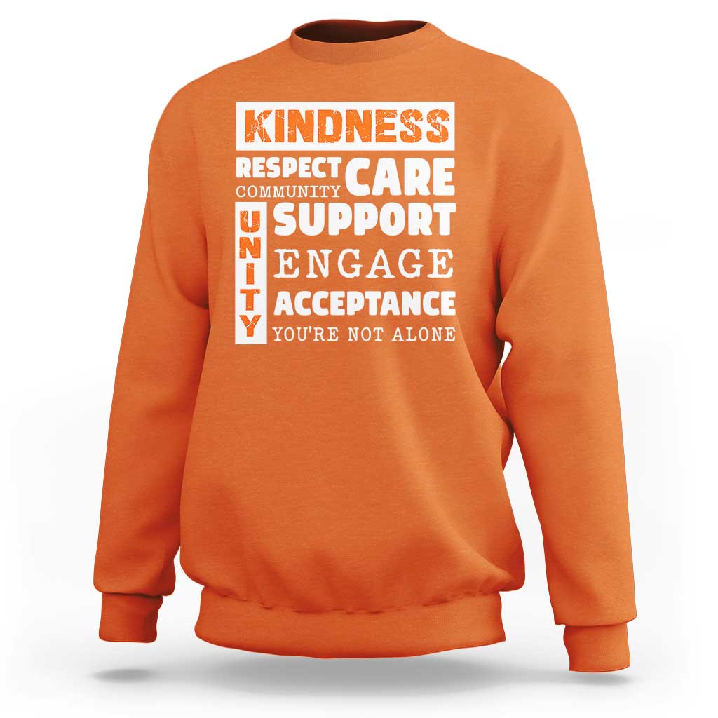 Orange anti-bullying sweatshirt with Kindness Respect Support text graphic on back