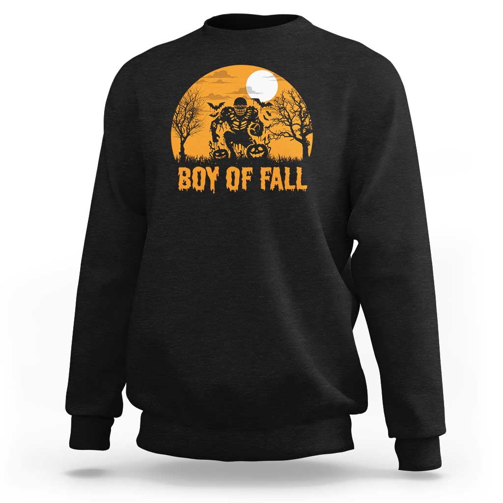 Kids Halloween sweatshirt, black, with “Boy of Fall” moon graphic
