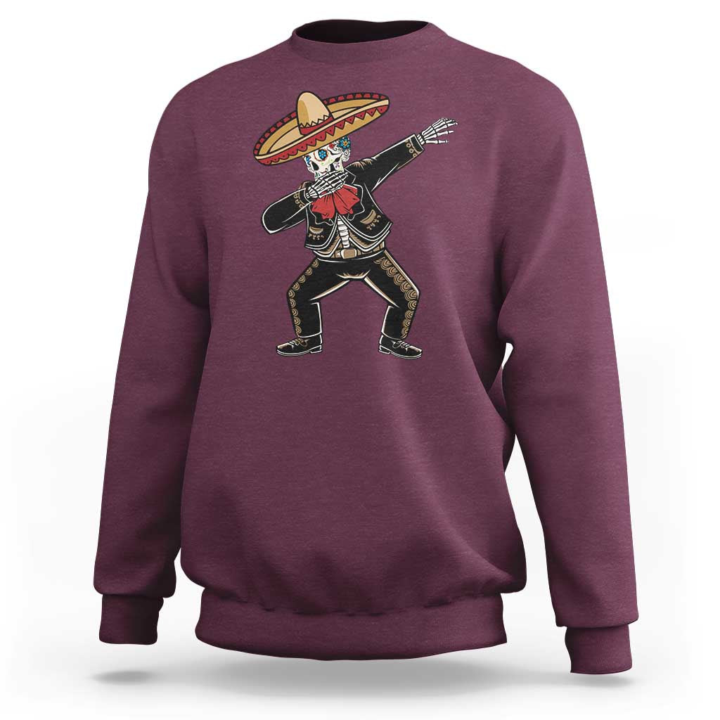 Maroon sweatshirt with dabbing skeleton mariachi graphic on front