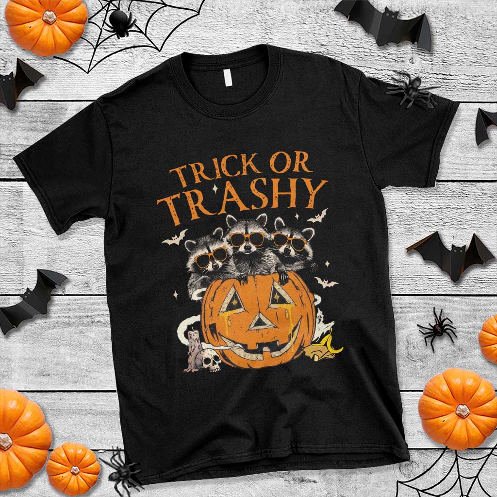 Black Halloween raccoon T-shirt, 'Trick or Trashy' pumpkin graphic