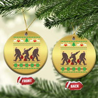 Gold round holiday ornaments set with Bigfoot squad silhouettes and festive pattern