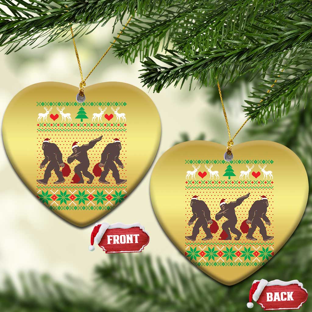 Gold heart holiday ornaments featuring Bigfoot squad silhouettes and festive sweater pattern