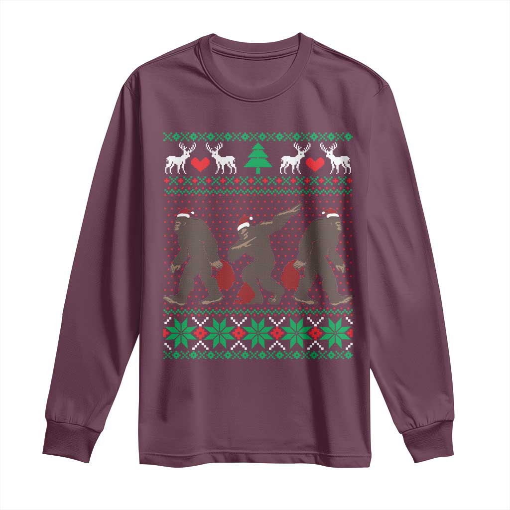 Maroon long sleeve Christmas shirt with Santa Bigfoot graphic and festive pattern