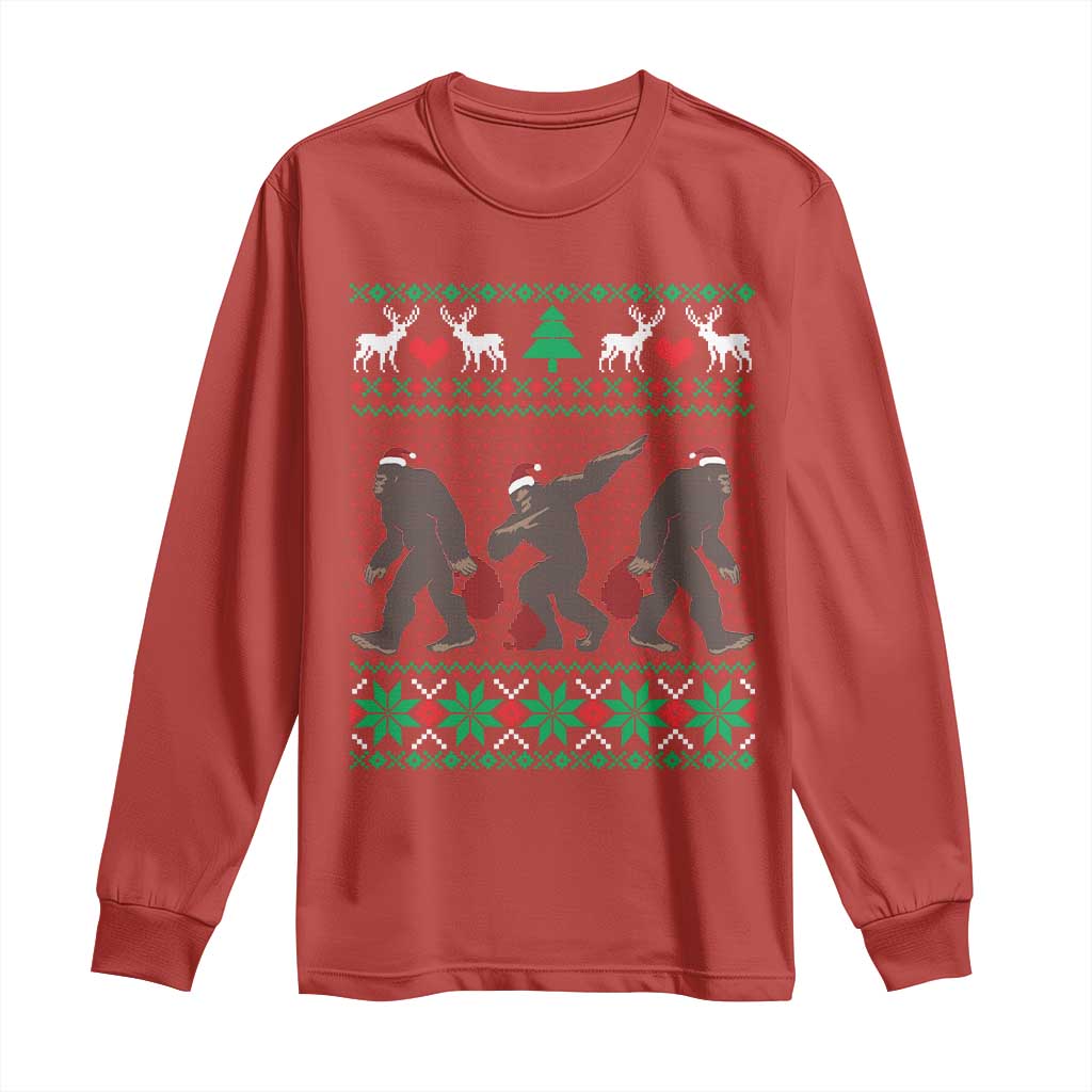 Red long sleeve Christmas shirt with Santa Bigfoot graphic and festive pattern