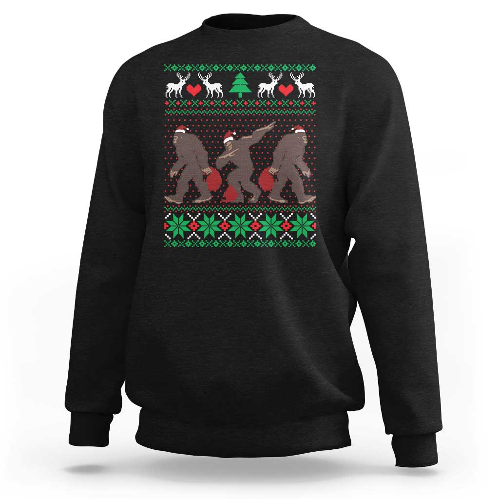 Black crewneck sweatshirt with holiday Bigfoot graphic and green red fair isle trim