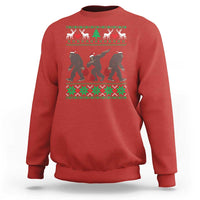 Red crewneck sweatshirt with holiday Bigfoot graphic and green red fair isle trim