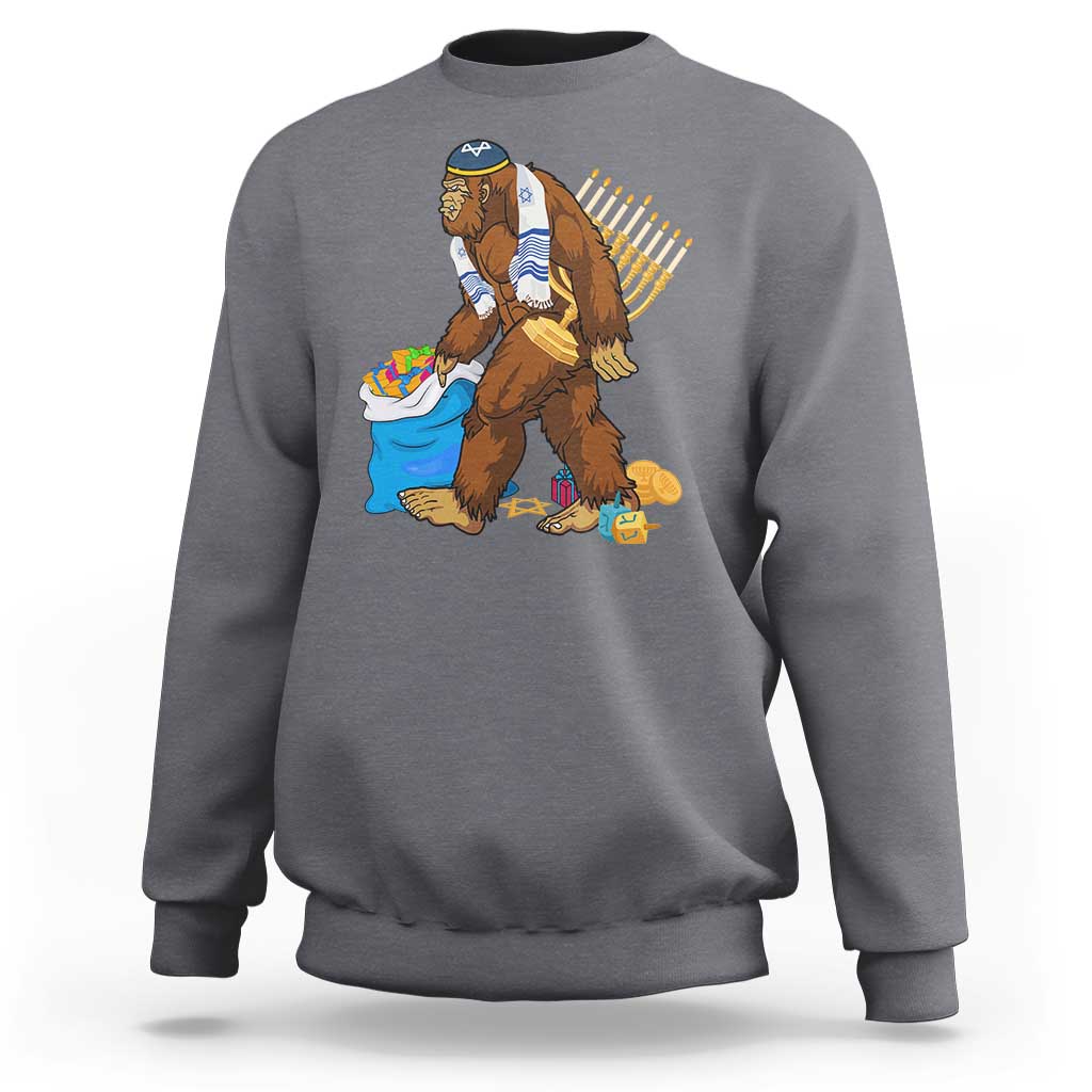Men's crewneck sweatshirt in heather gray with Hanukkah Bigfoot menorah graphic