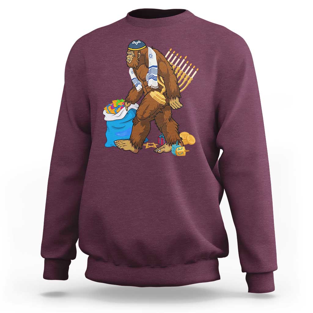 Men's crewneck sweatshirt in maroon with Hanukkah Bigfoot menorah graphic